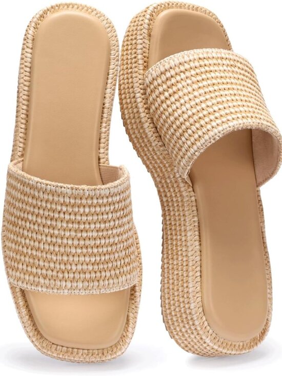 Shoes - Stylish Raffia Espadrille Platform Sandals | Woven Straw Slip-On Beach Shoes